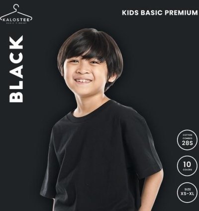 Kaos Polos KALOSTEE Premium Basic 28s 100% Cotton Anak - Black - S