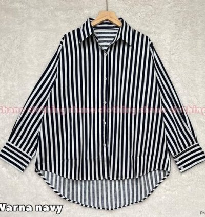 KEMEJA ATASAN WANITA GARIS KATUN IMPORT - Garis navy 059, L