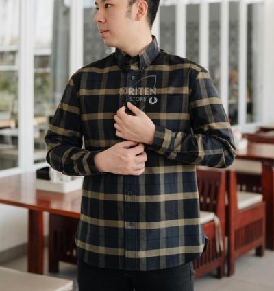 Fred Perry Tartan Long Sleeve Shirt Uniform Green Original / Kemeja Fredperry Authentic